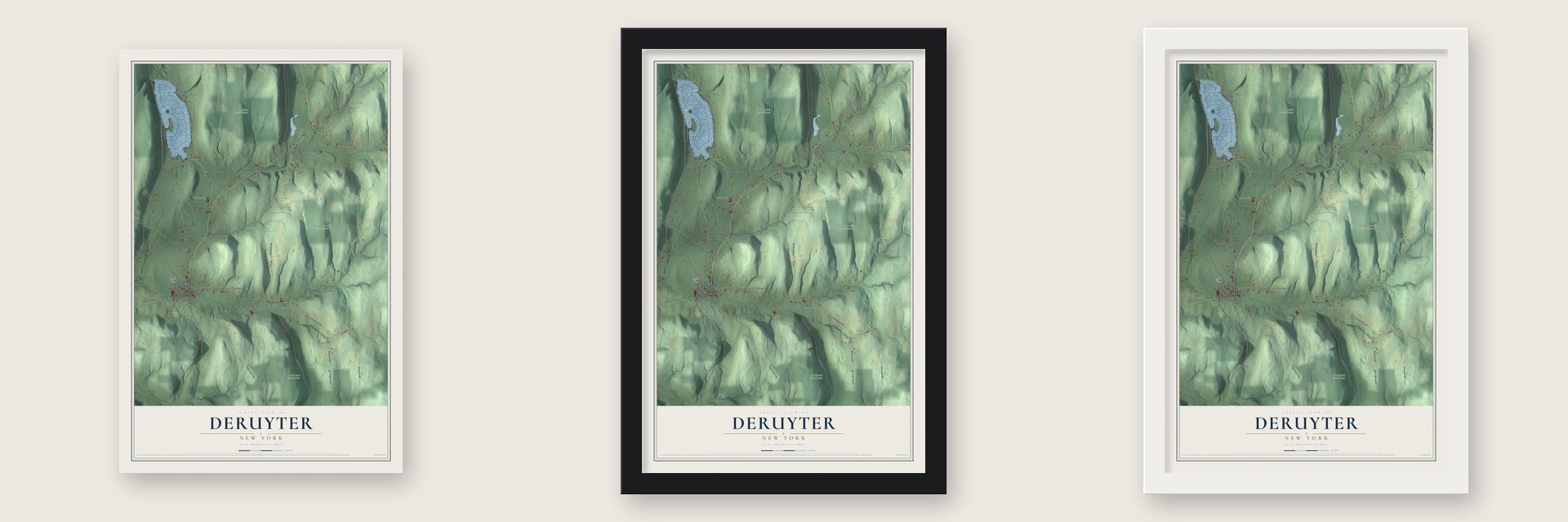 DeRuyter, New York map unframed, in a black wood frame and in a white wood frame