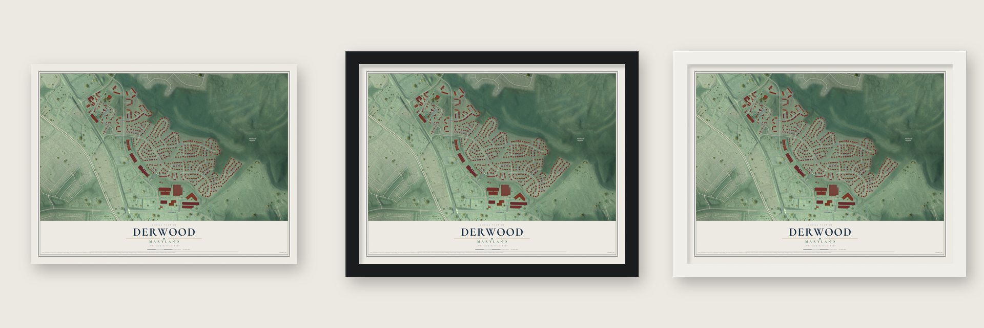 Derwood, Maryland map unframed, in a black wood frame and in a white wood frame