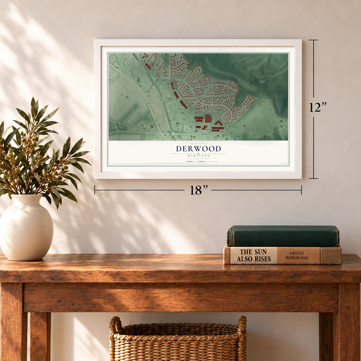 Derwood, Maryland map, 12 x 18 inch print in a white frame in an entryway