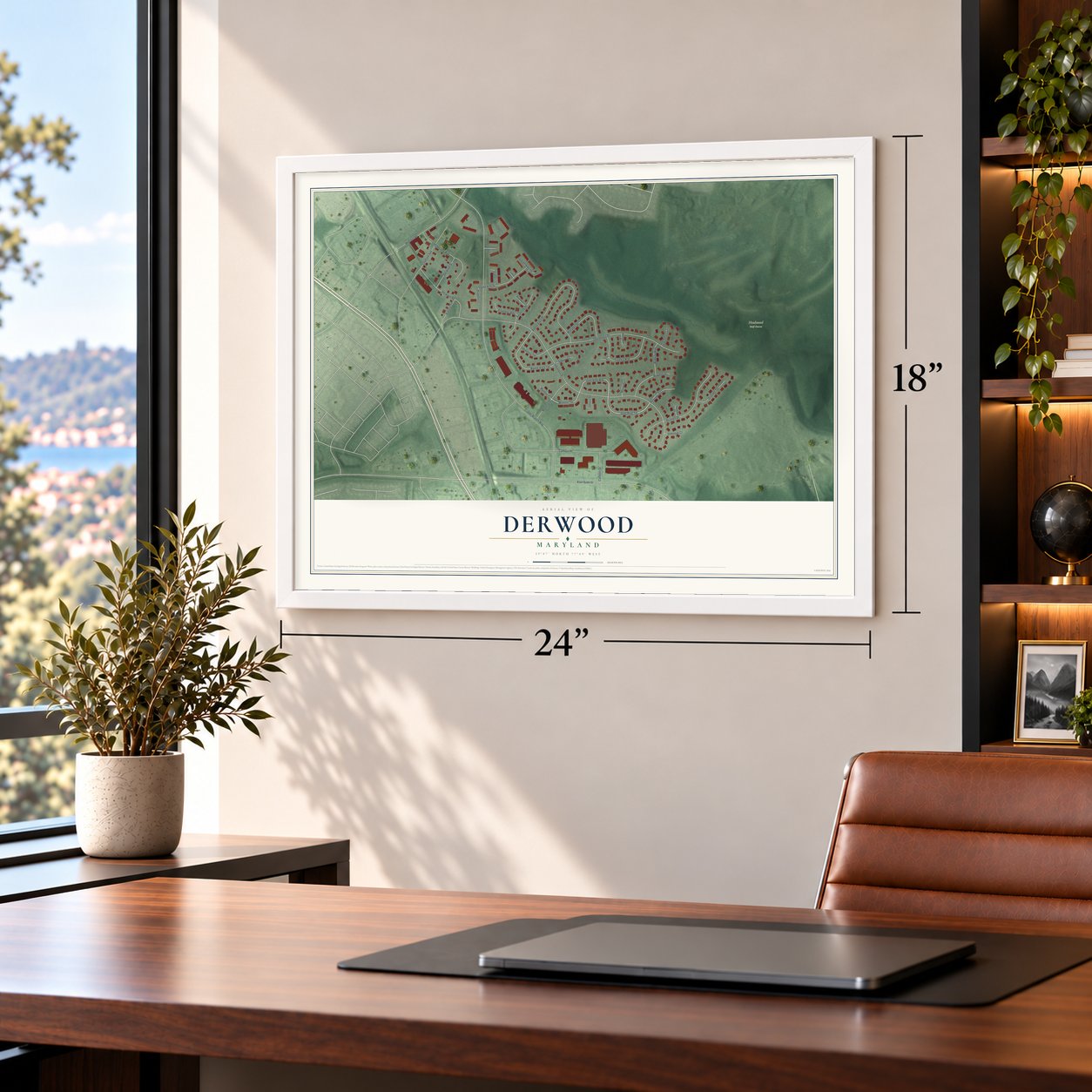 Derwood, Maryland map, 18 x 24 inch print in a white frame in a home office