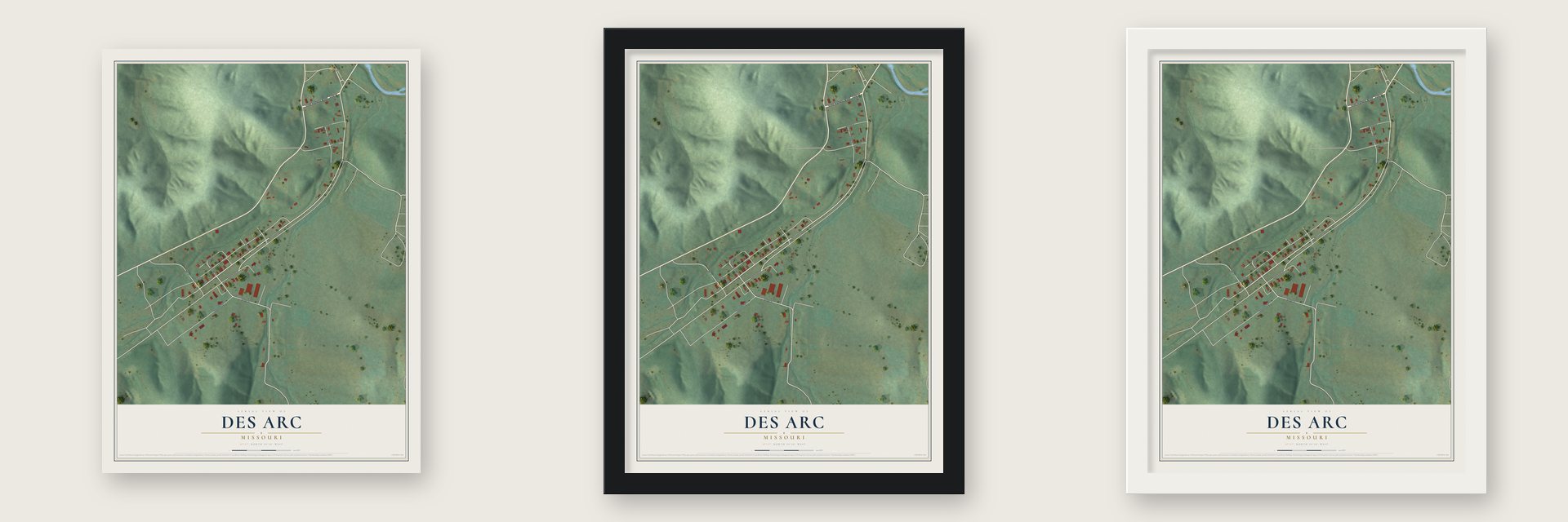 Des Arc, Missouri map unframed, in a black wood frame and in a white wood frame