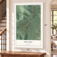 Des Arc, Missouri map, 24 x 36 inch print in a white frame by a staircase