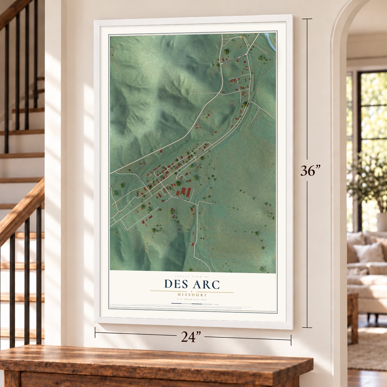 Des Arc, Missouri map, 24 x 36 inch print in a white frame by a staircase