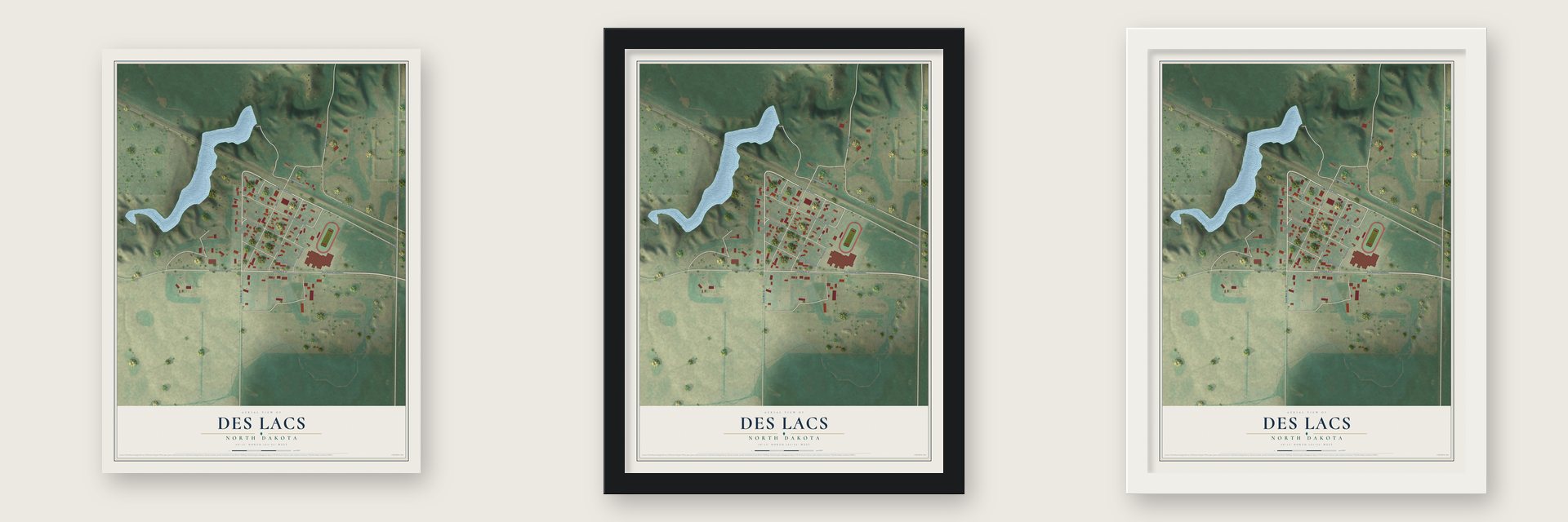 Des Lacs, North Dakota map unframed, in a black wood frame and in a white wood frame