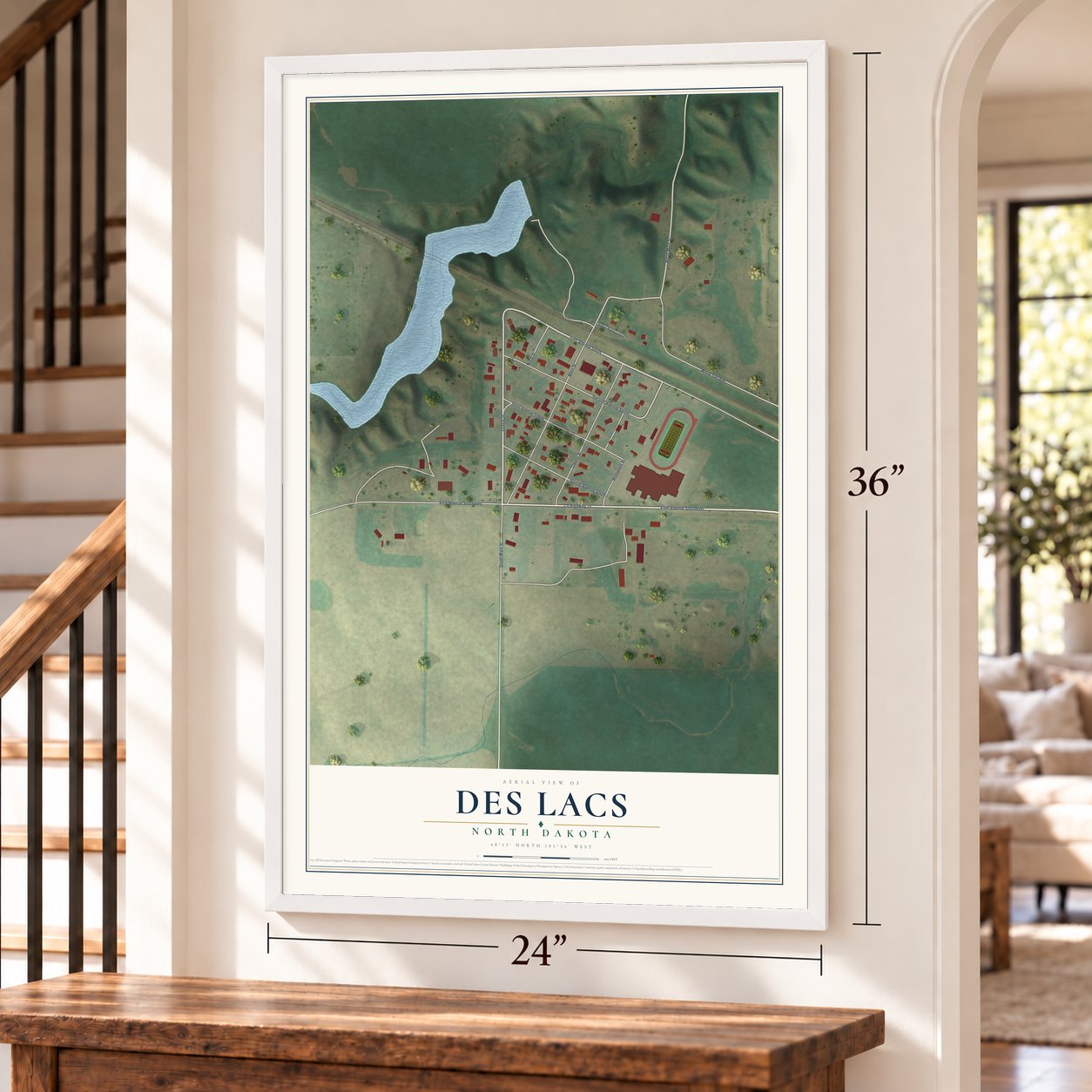 Des Lacs, North Dakota map, 24 x 36 inch print in a white frame by a staircase