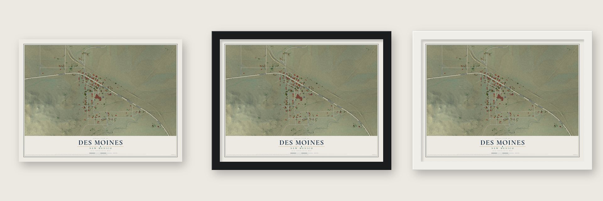 Des Moines, New Mexico map unframed, in a black wood frame and in a white wood frame