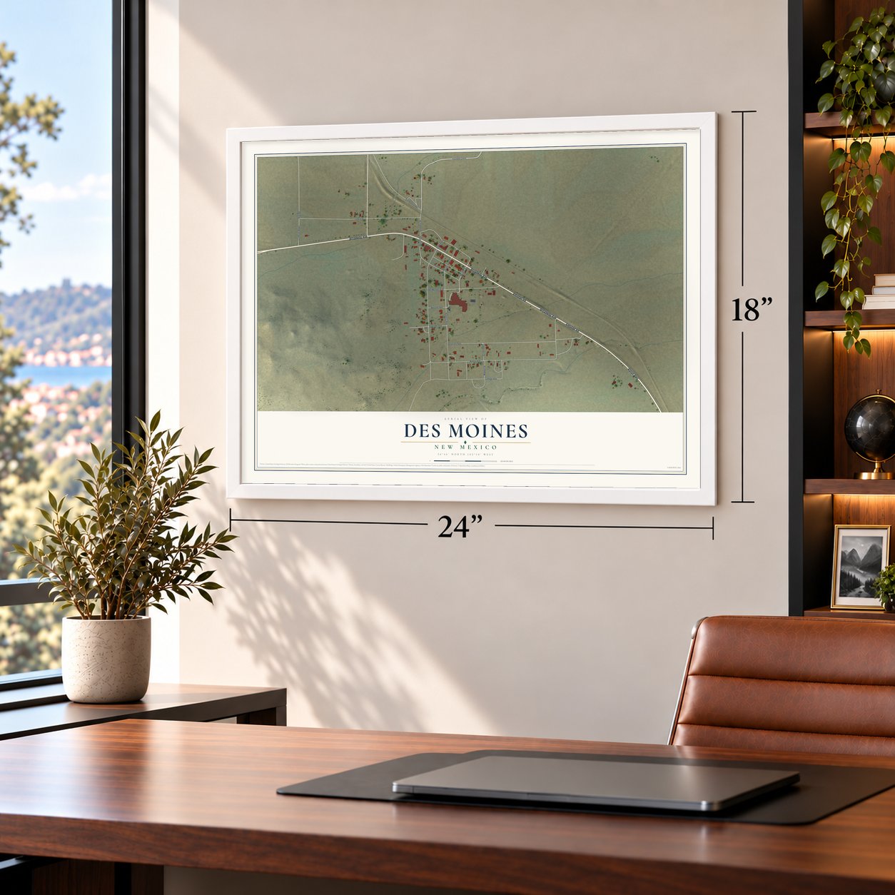 Des Moines, New Mexico map, 18 x 24 inch print in a white frame in a home office