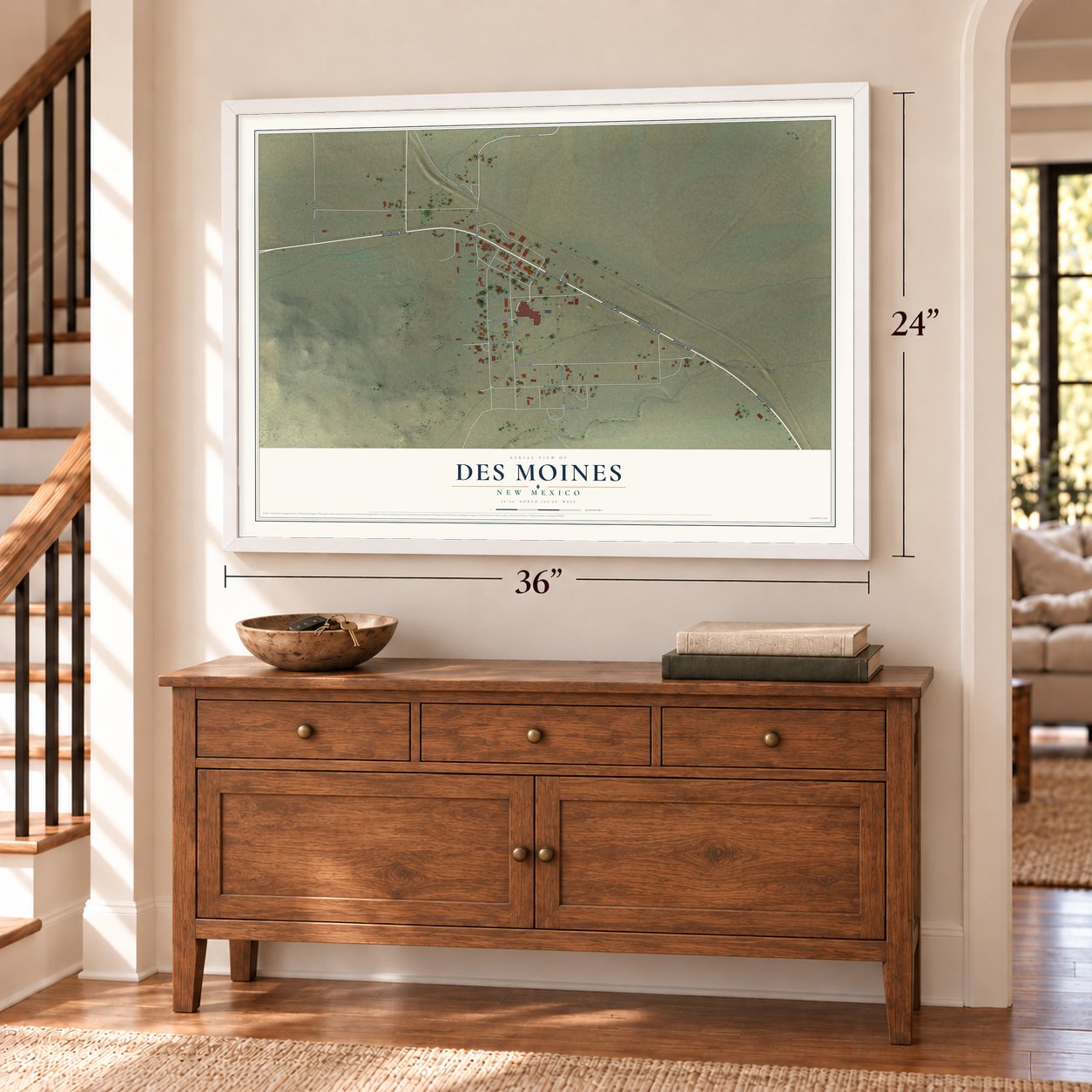 Des Moines, New Mexico map, 24 x 36 inch print in a white frame above a dresser by a staircase