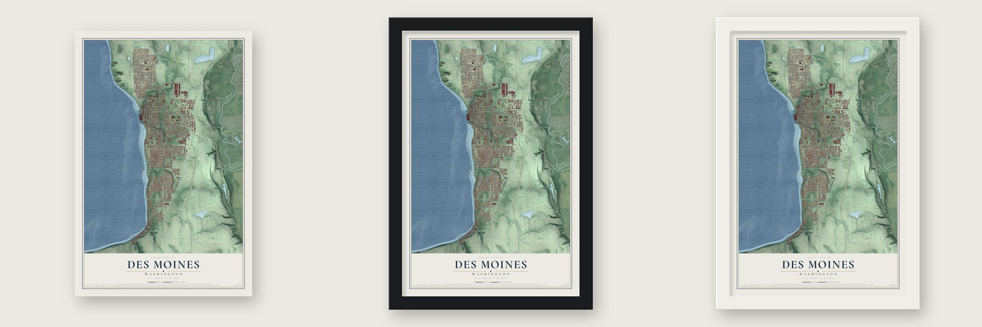 Des Moines, Washington map unframed, in a black wood frame and in a white wood frame