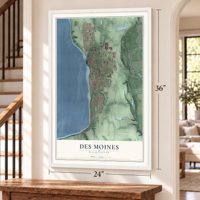 Des Moines, Washington map, 24 x 36 inch print in a white frame by a staircase
