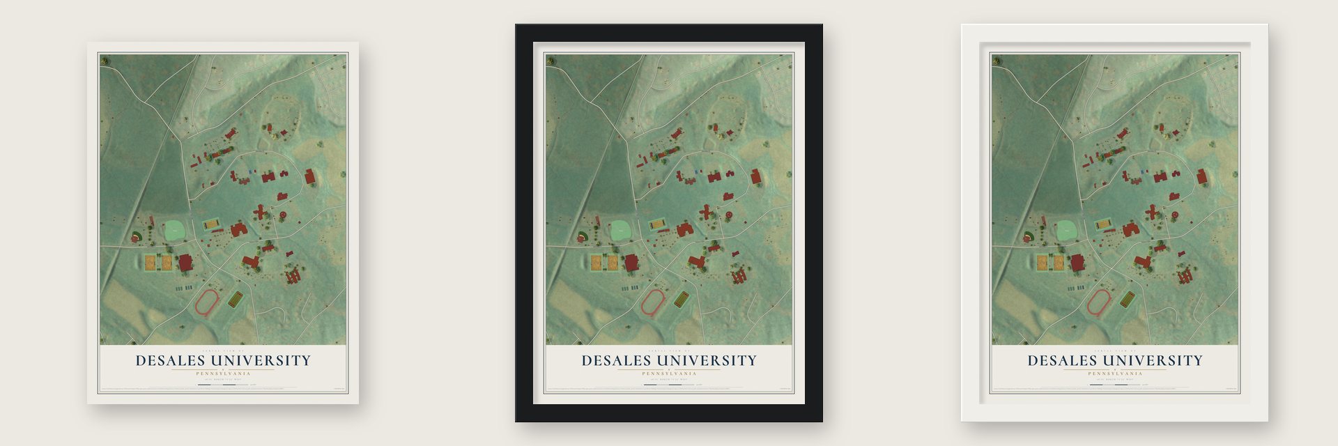 DeSales University, Pennsylvania map unframed, in a black wood frame and in a white wood frame