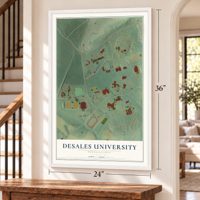 DeSales University, Pennsylvania map, 24 x 36 inch print in a white frame by a staircase