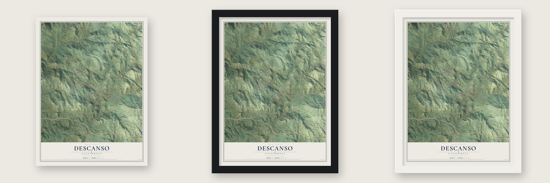 Descanso, California map unframed, in a black wood frame and in a white wood frame