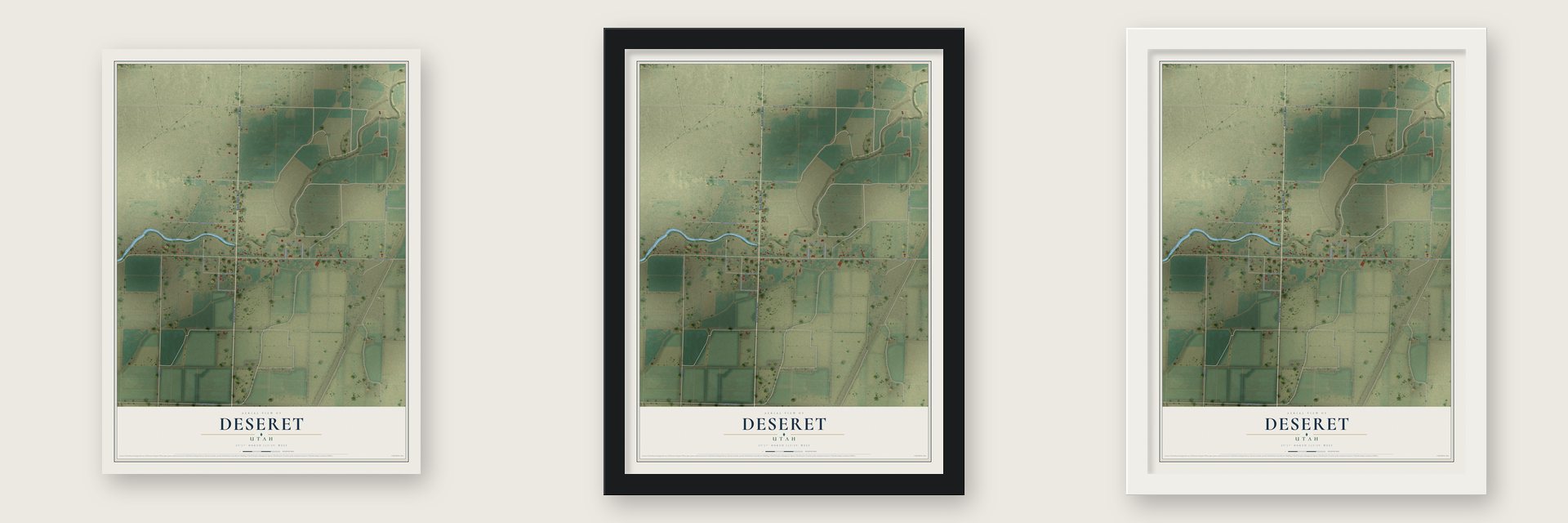 Deseret, Utah map unframed, in a black wood frame and in a white wood frame
