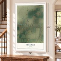Deseret, Utah map, 24 x 36 inch print in a white frame by a staircase