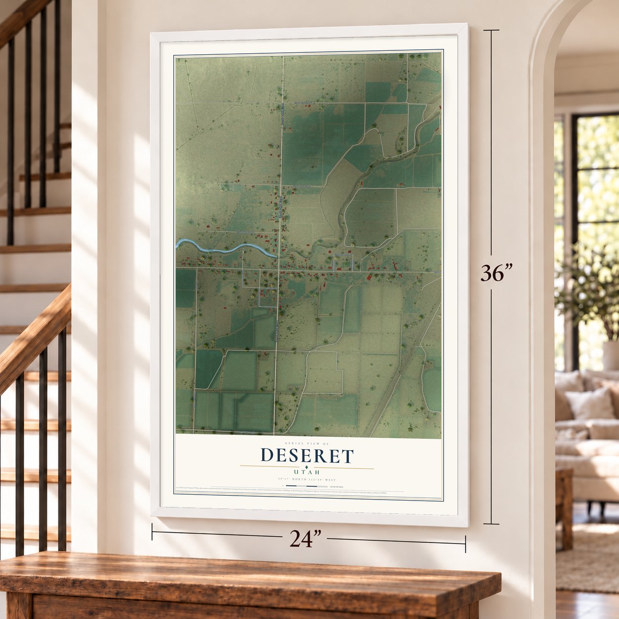 Deseret, Utah map, 24 x 36 inch print in a white frame by a staircase