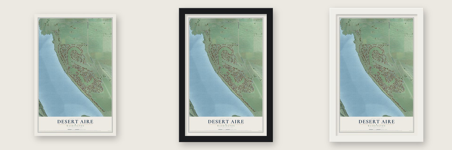 Desert Aire, Washington map unframed, in a black wood frame and in a white wood frame