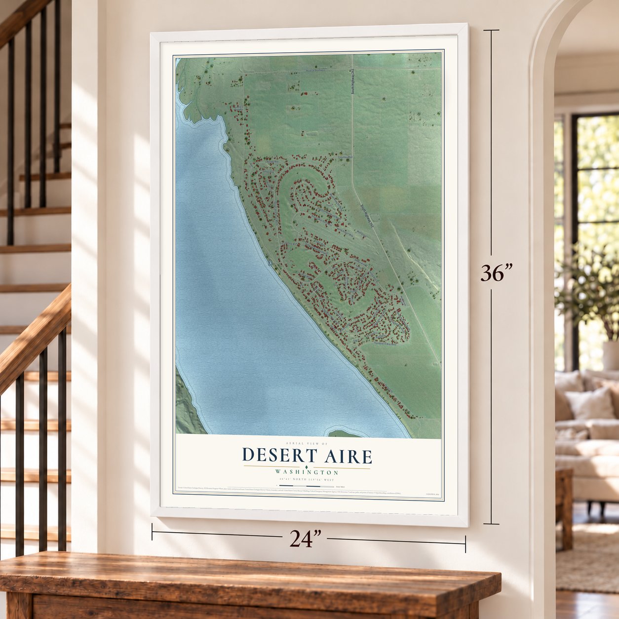 Desert Aire, Washington map, 24 x 36 inch print in a white frame by a staircase