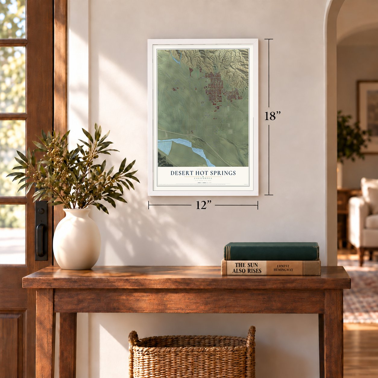 Desert Hot Springs, California map, 12 x 18 inch print in a white frame in an entryway