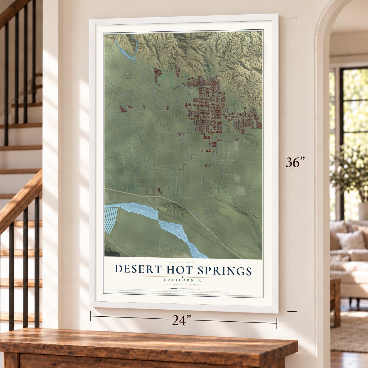 Desert Hot Springs, California map, 24 x 36 inch print in a white frame by a staircase