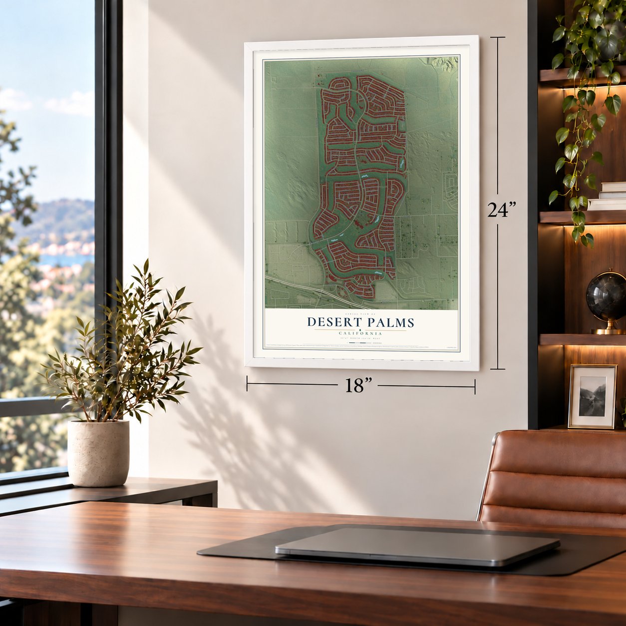 Desert Palms, California map, 18 x 24 inch print in a white frame in a home office
