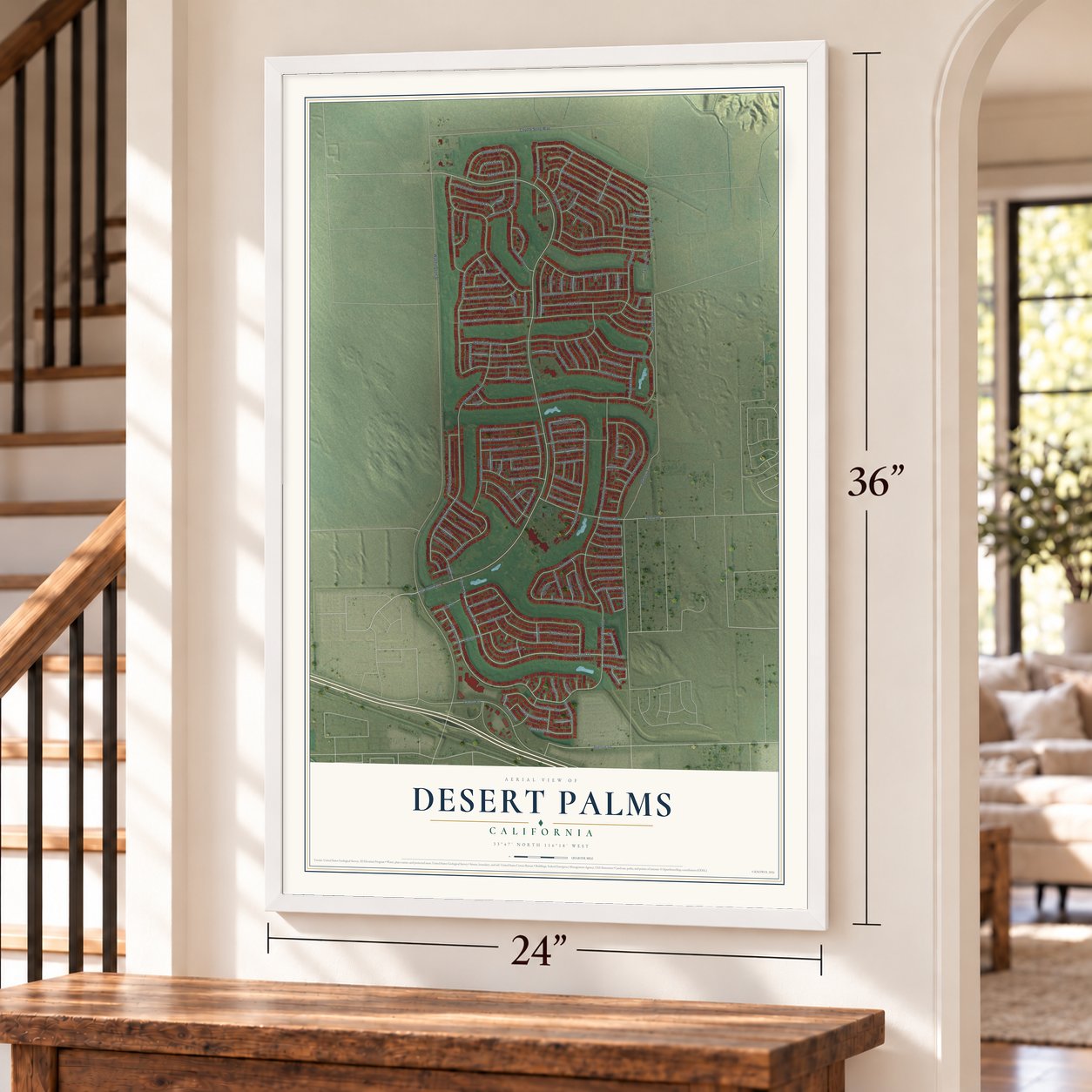 Desert Palms, California map, 24 x 36 inch print in a white frame by a staircase