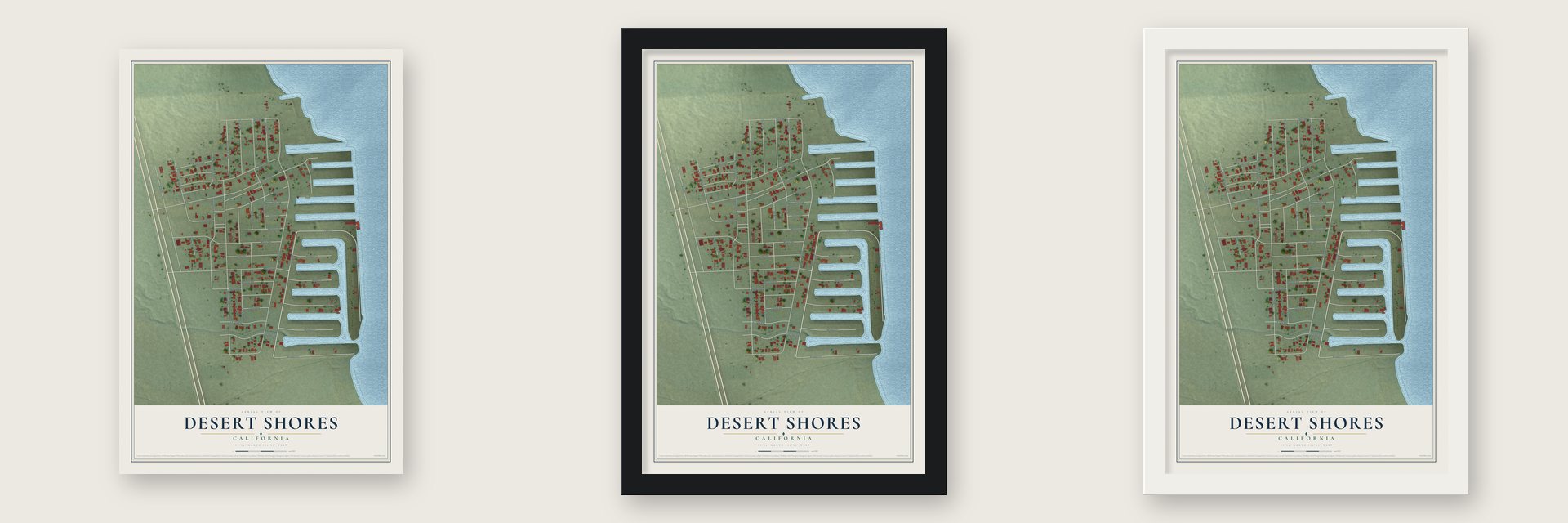 Desert Shores, California map unframed, in a black wood frame and in a white wood frame
