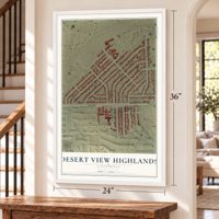 Desert View Highlands, California map, 24 x 36 inch print in a white frame by a staircase
