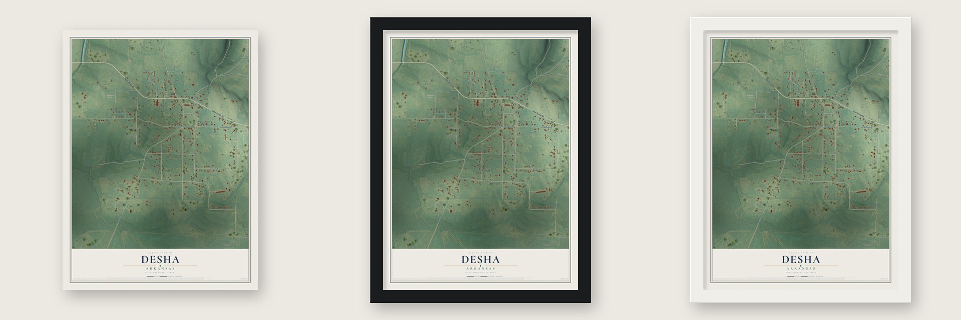 Desha, Arkansas map unframed, in a black wood frame and in a white wood frame