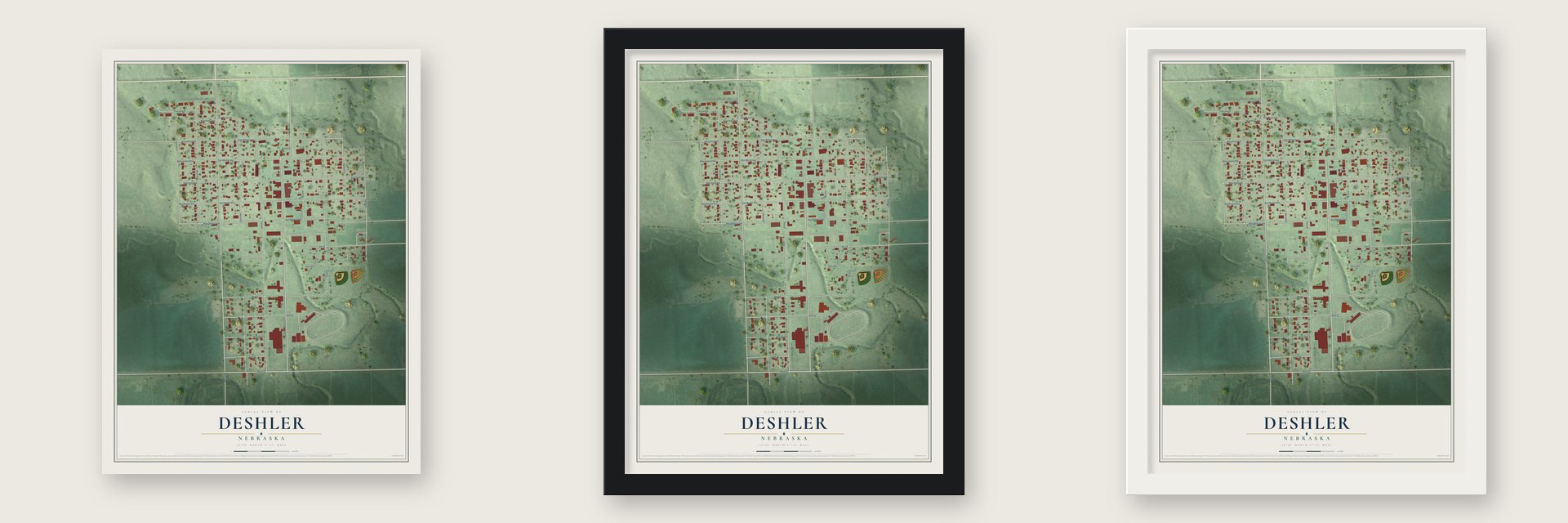 Deshler, Nebraska map unframed, in a black wood frame and in a white wood frame
