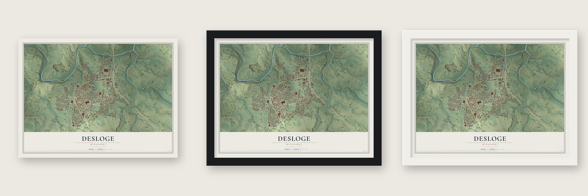 Desloge, Missouri map unframed, in a black wood frame and in a white wood frame