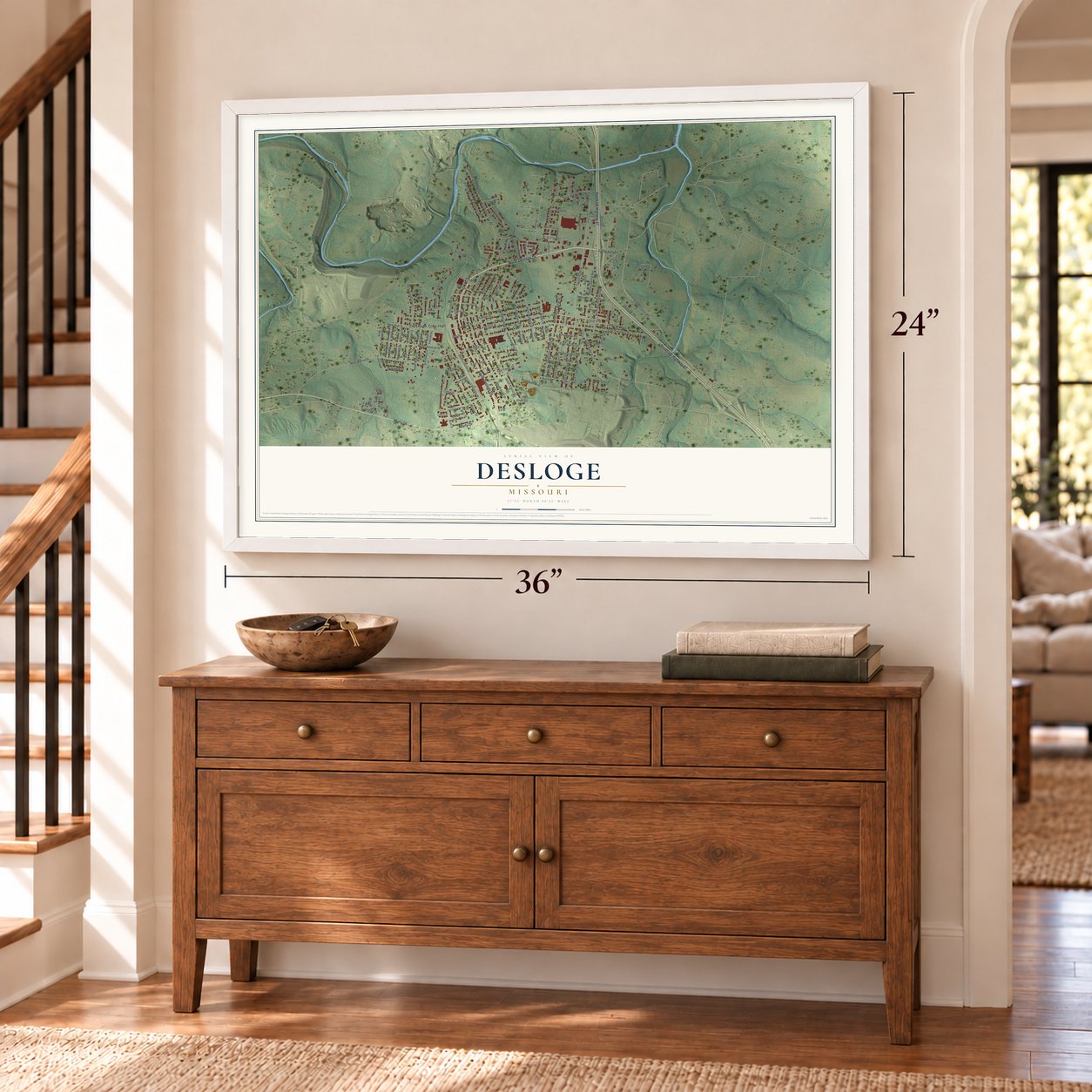 Desloge, Missouri map, 24 x 36 inch print in a white frame above a dresser by a staircase