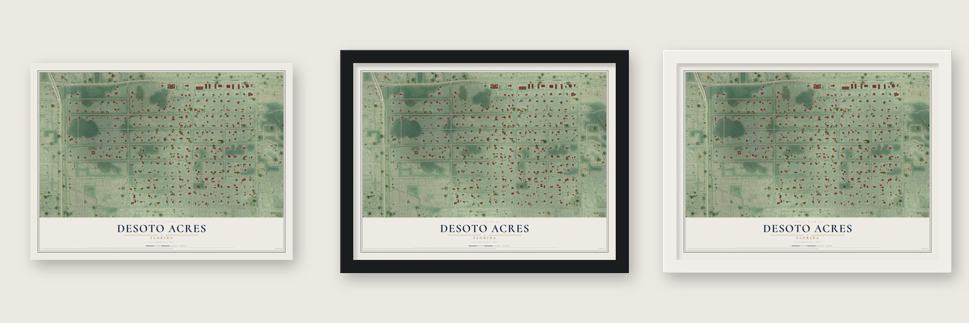 Desoto Acres, Florida map unframed, in a black wood frame and in a white wood frame