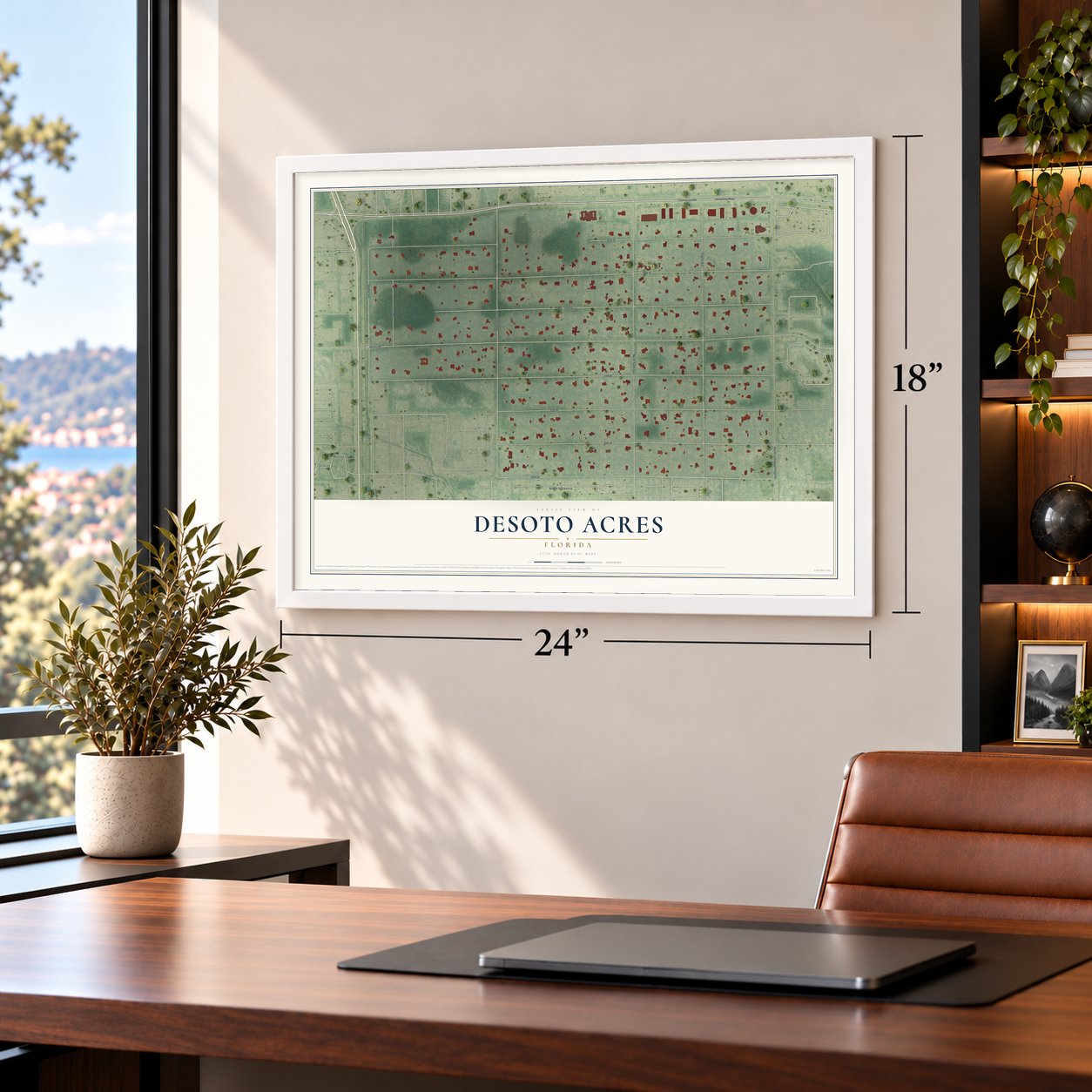 Desoto Acres, Florida map, 18 x 24 inch print in a white frame in a home office
