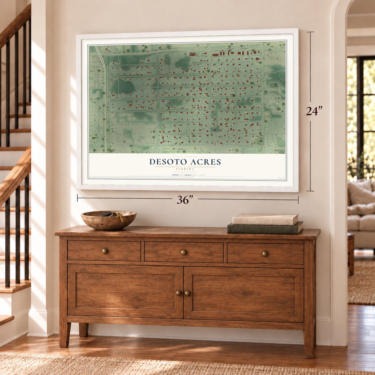 Desoto Acres, Florida map, 24 x 36 inch print in a white frame above a dresser by a staircase