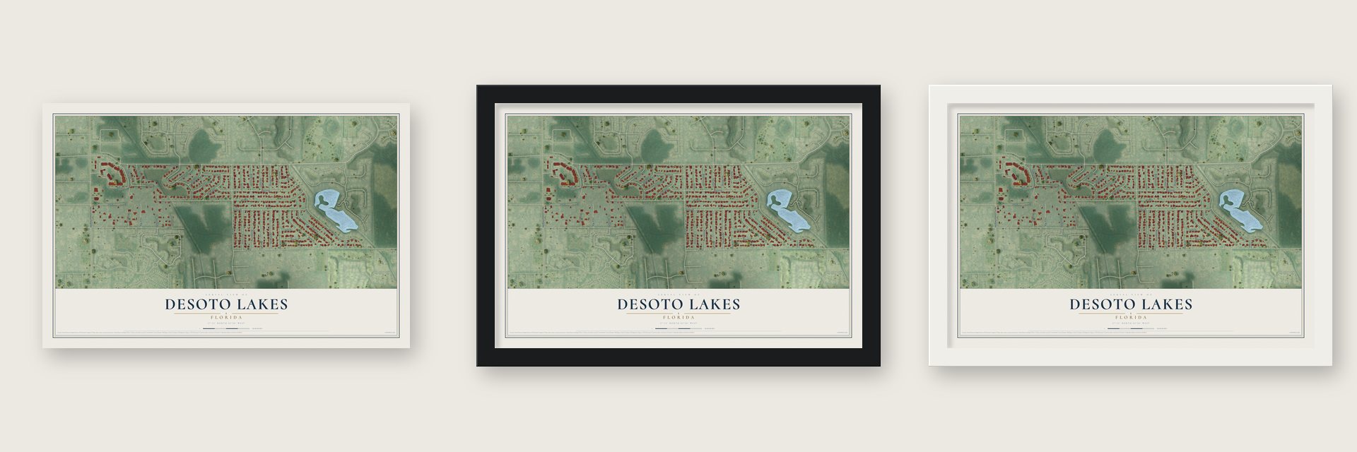 Desoto Lakes, Florida map unframed, in a black wood frame and in a white wood frame