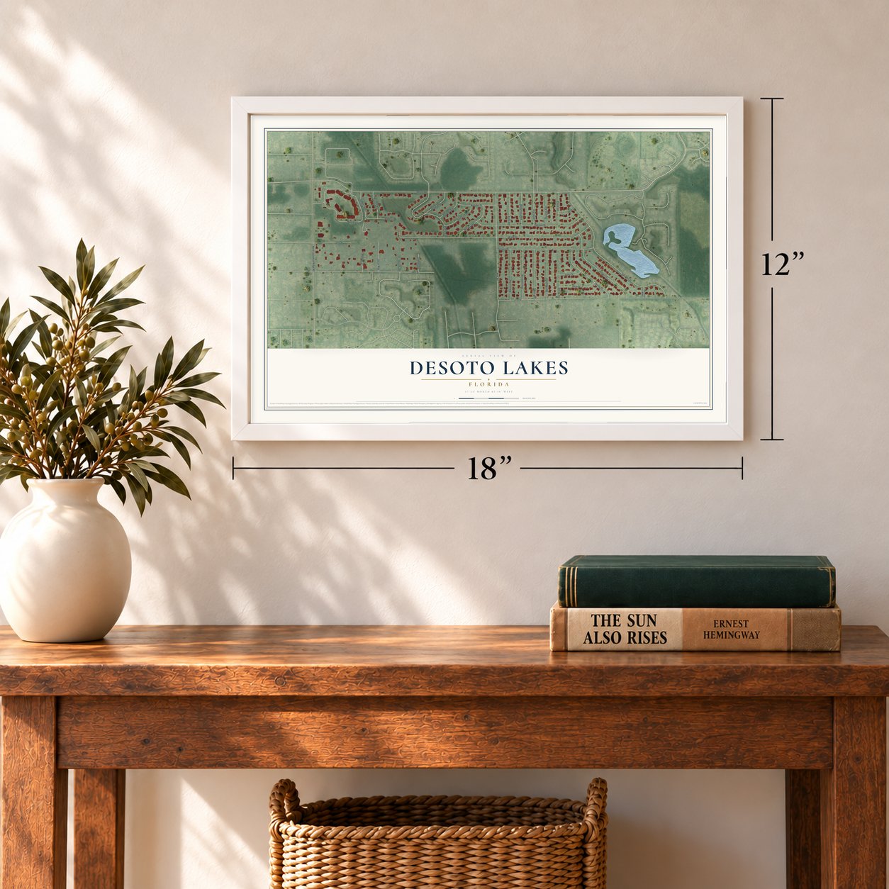 Desoto Lakes, Florida map, 12 x 18 inch print in a white frame in an entryway