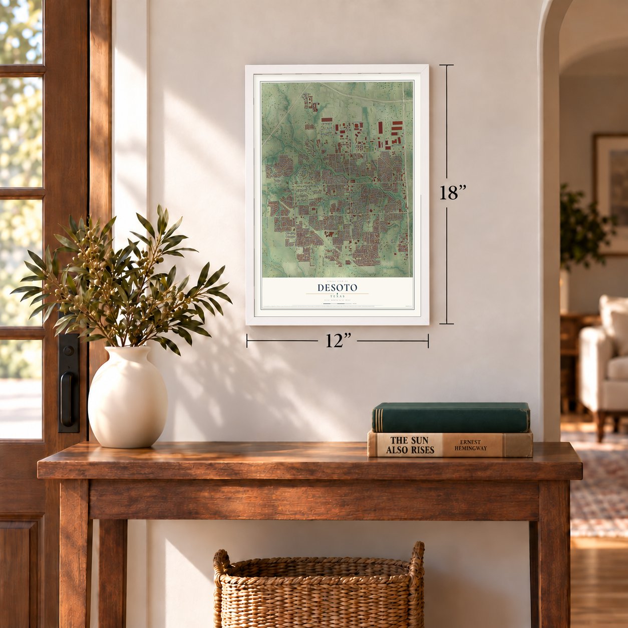 DeSoto, Texas map, 12 x 18 inch print in a white frame in an entryway