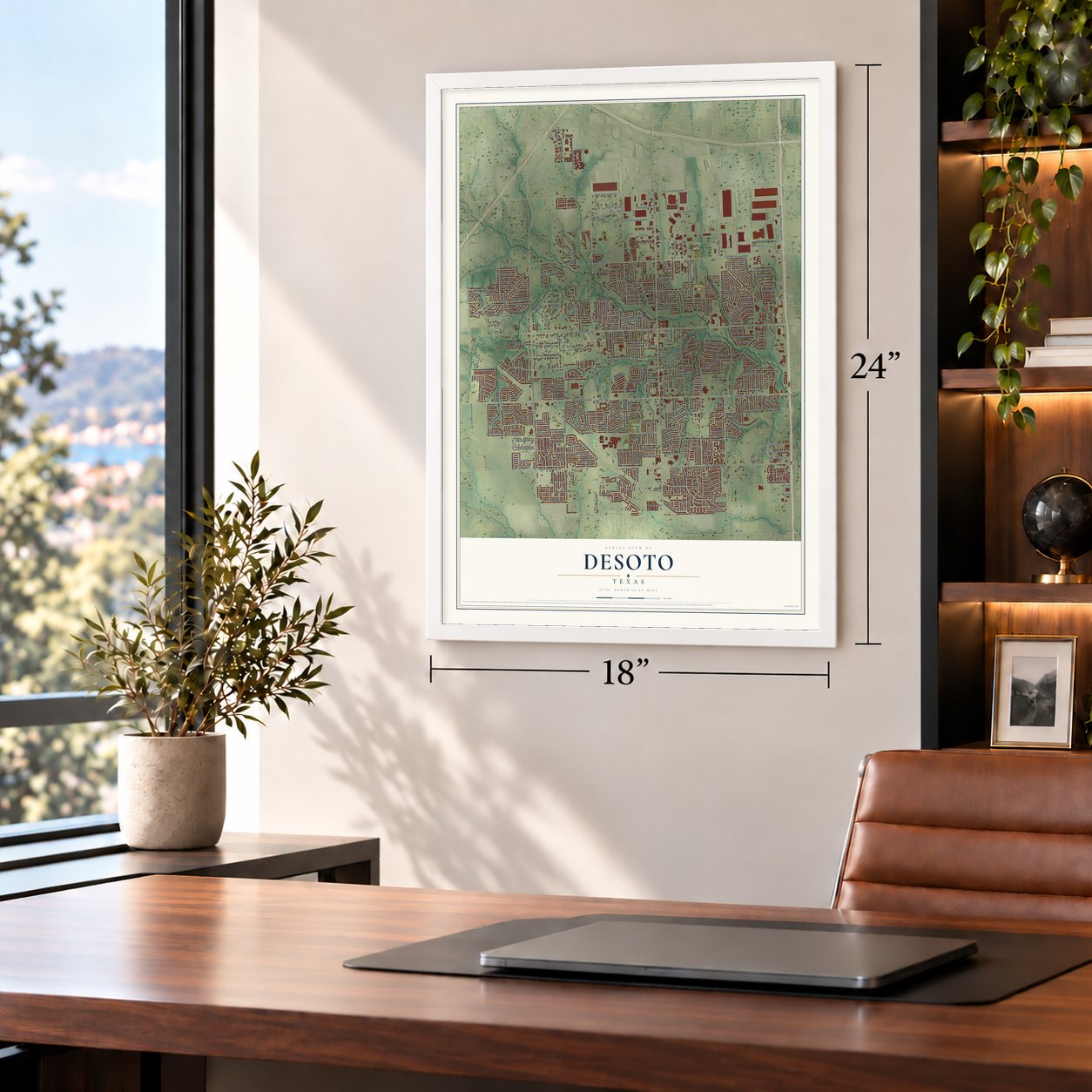 DeSoto, Texas map, 18 x 24 inch print in a white frame in a home office
