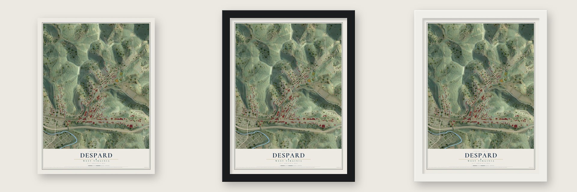 Despard, West Virginia map unframed, in a black wood frame and in a white wood frame