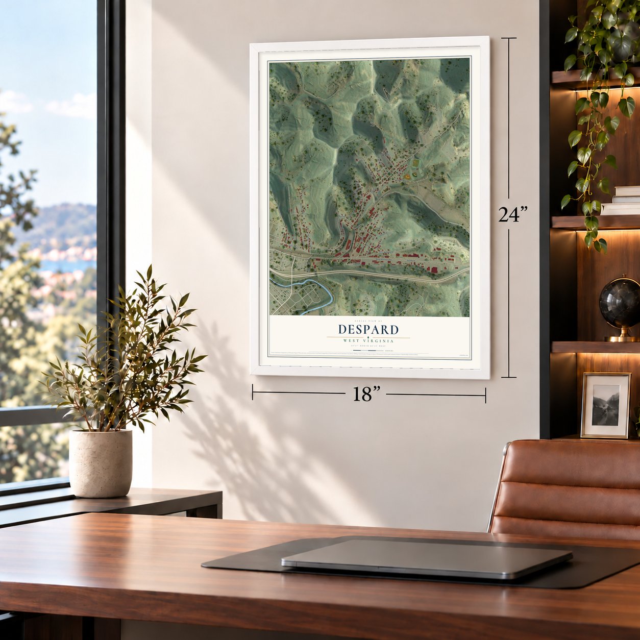 Despard, West Virginia map, 18 x 24 inch print in a white frame in a home office