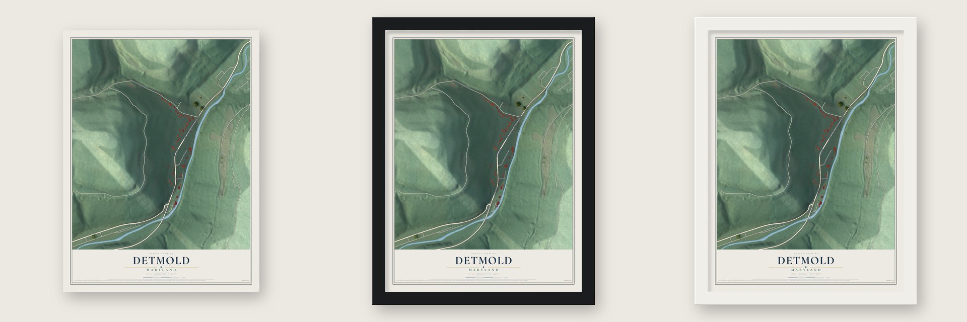 Detmold, Maryland map unframed, in a black wood frame and in a white wood frame
