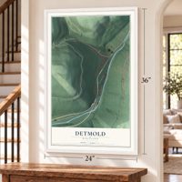 Detmold, Maryland map, 24 x 36 inch print in a white frame by a staircase