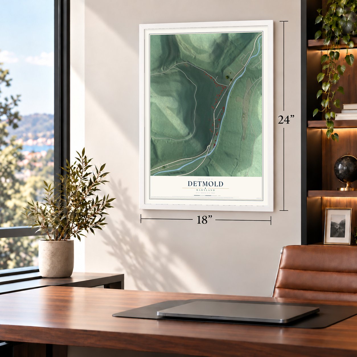 Detmold, Maryland map, 18 x 24 inch print in a white frame in a home office