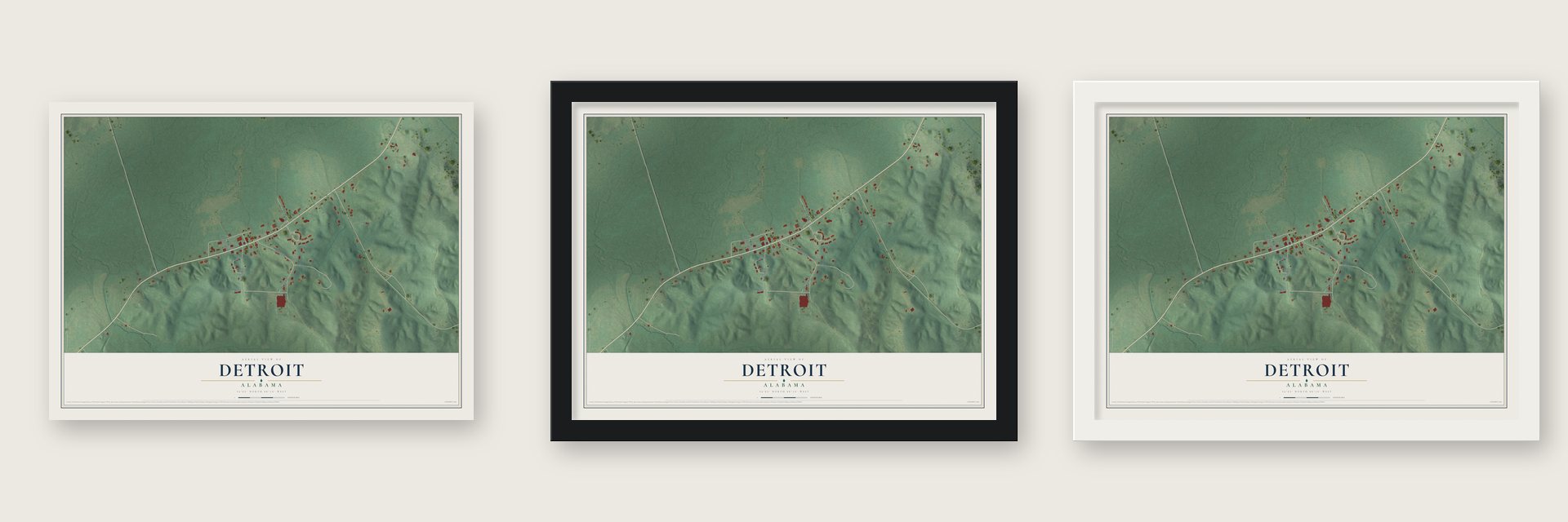 Detroit, Alabama map unframed, in a black wood frame and in a white wood frame