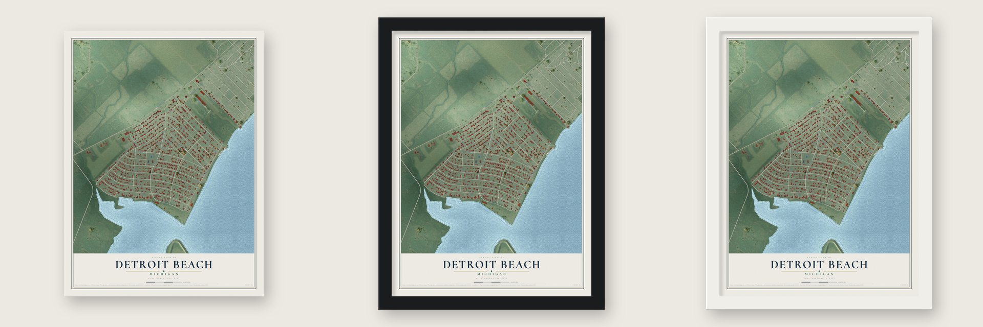 Detroit Beach, Michigan map unframed, in a black wood frame and in a white wood frame