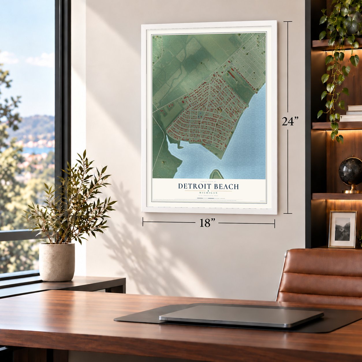 Detroit Beach, Michigan map, 18 x 24 inch print in a white frame in a home office