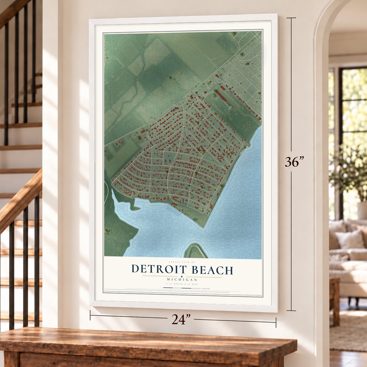 Detroit Beach, Michigan map, 24 x 36 inch print in a white frame by a staircase