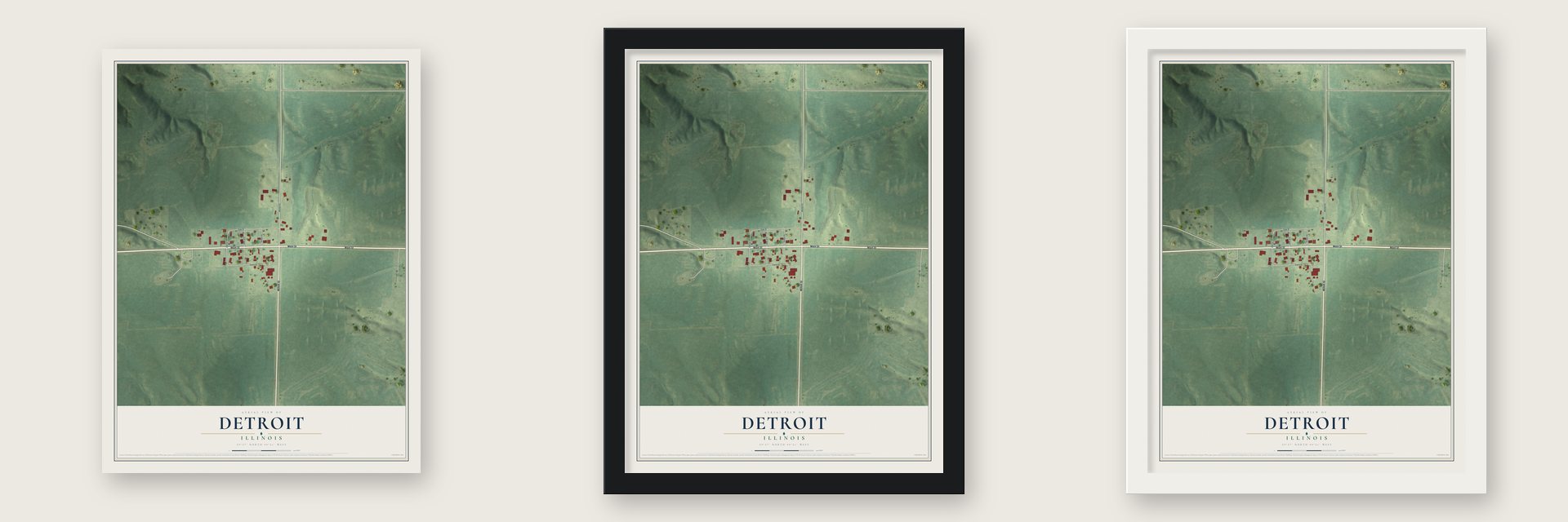 Detroit, Illinois map unframed, in a black wood frame and in a white wood frame