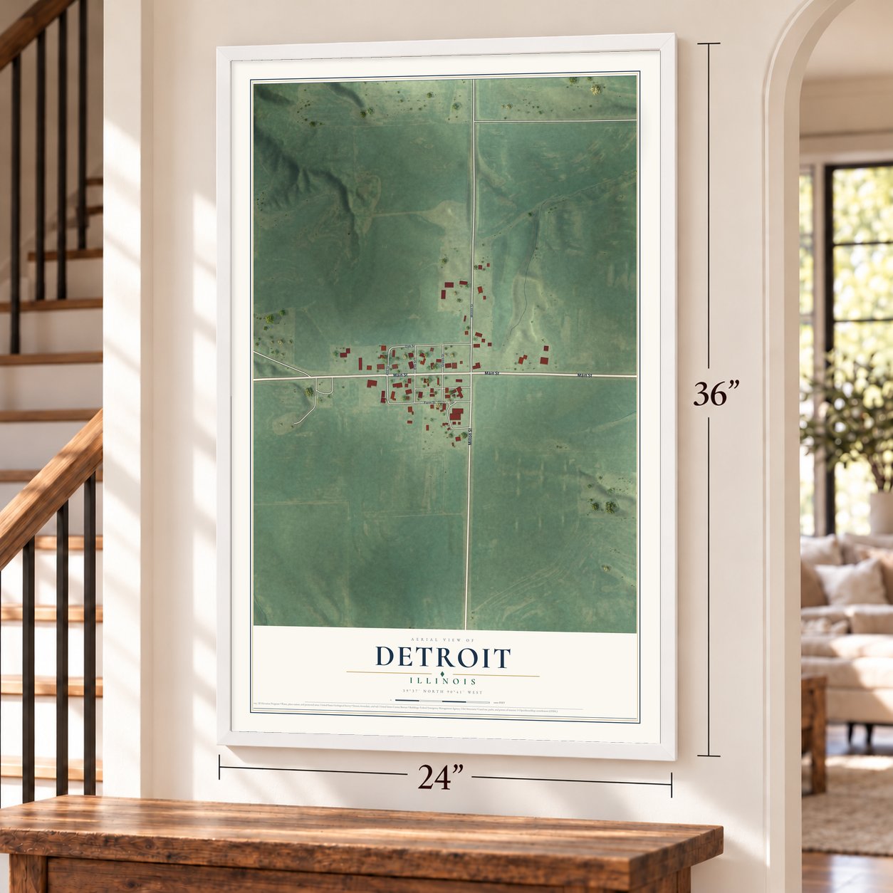 Detroit, Illinois map, 24 x 36 inch print in a white frame by a staircase